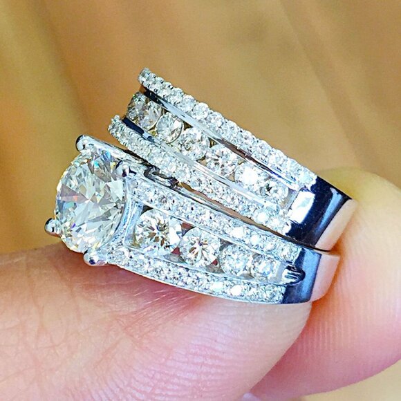 💝 Eternity Full CZ Diamonds Silver Plated Couple Chunky Ring Set, UNVN12286 - Picture 5 of 9
